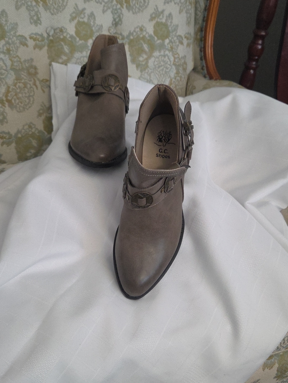 G.C. Shoes Taupe Pointed Ankle Booties with Buckle Accent